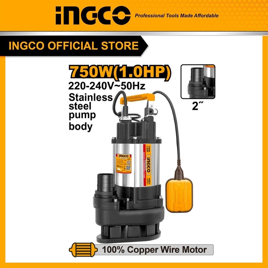 Bơm chìm nước thải 750W v�?thép inox INGCO SPDS7508
